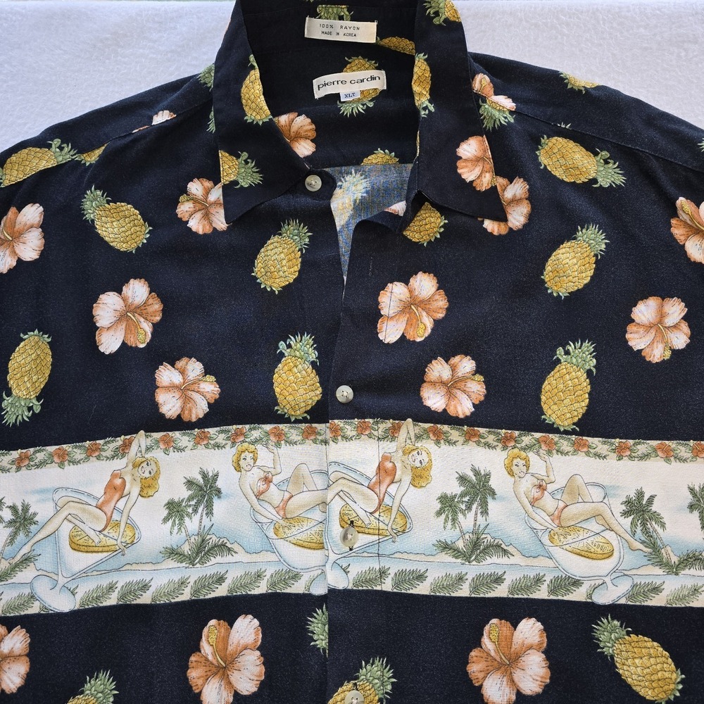 Vtg Pierre Cardin Hawaiian Shirt XLT Rayon Pineapple Pinup Girl Border Printโ